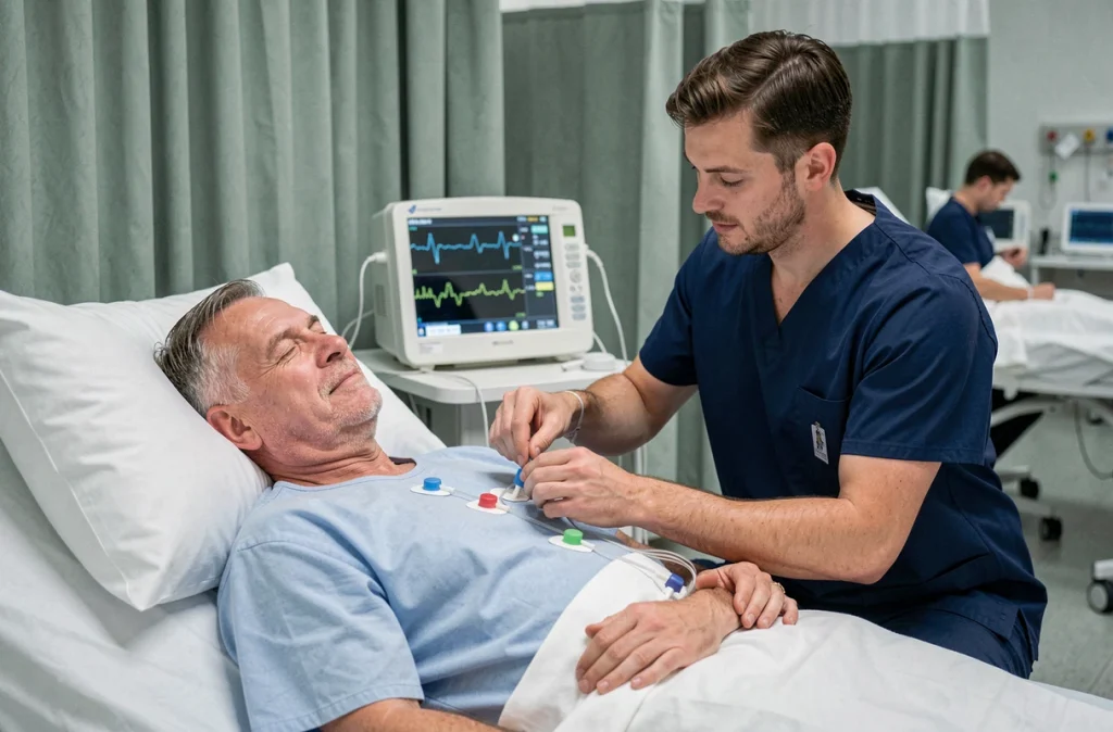 Infirmier posant des électrodes ECG sur un patient hospitalisé dans un service de cardiologie pour surveiller l'activité cardiaque