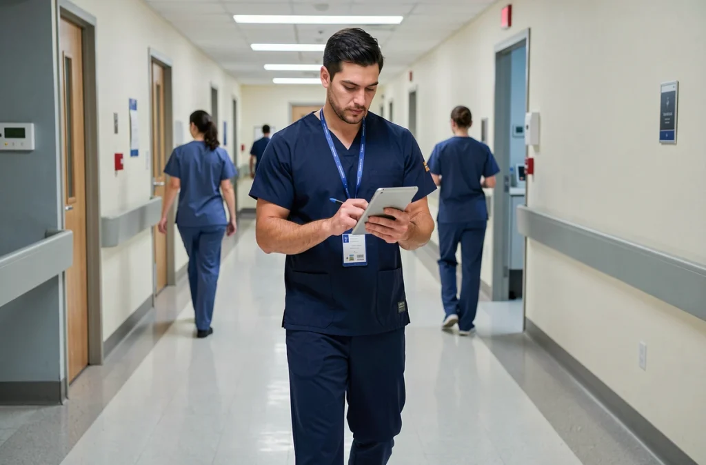 Infirmier psychiatrique consultant un dossier sur tablette dans le couloir d'un service hospitalier de santé mentale
