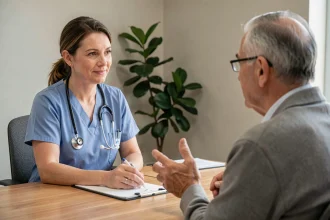 Infirmière en santé mentale en consultation avec un patient dans un cabinet psychiatrique calme et bienveillant