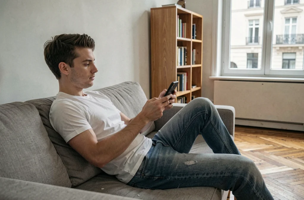 Jeune homme en téléconsultation psychiatrique sur smartphone dans son appartement, illustrant le suivi de santé mentale à distance en France