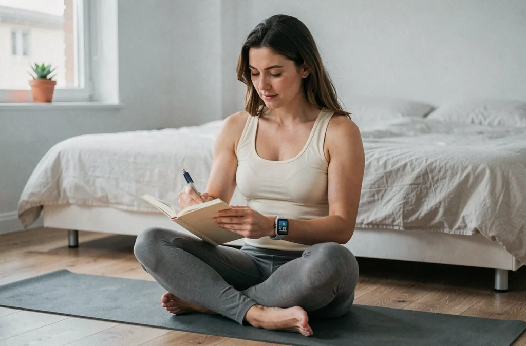 Jeune femme écrivant dans un journal de sommeil sur un tapis de yoga, suivi du sommeil et contrôle du poids