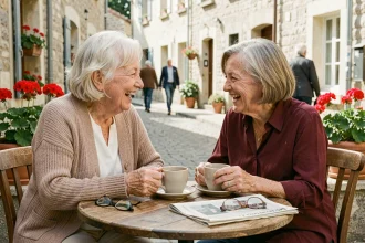 Deux femmes âgées partagent un thé en terrasse et rient ensemble, illustrant l'importance du lien social pour la santé mentale des seniors