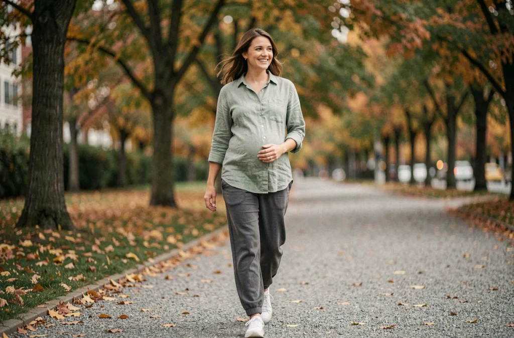 Femme enceinte au premier trimestre marchant dans un parc urbain en automne pour maintenir son activité physique