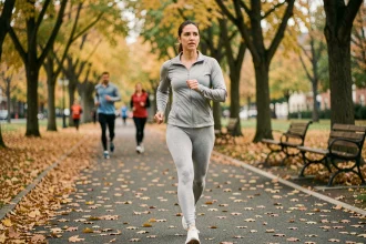 Femme pratiquant la marche rapide dans un parc urbain en automne pour perdre du poids
