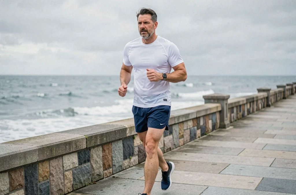 Homme en marche rapide sur un bord de mer pour améliorer sa condition physique et mincir