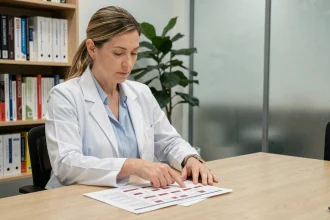 Médecin femme analysant des résultats d'analyses sanguines montrant un TCMH élevé dans un cabinet médical