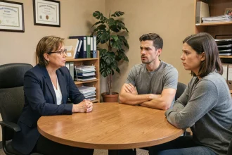 Médiatrice familiale professionnelle écoutant un couple en situation de séparation conflictuelle lors d'une session de médiation