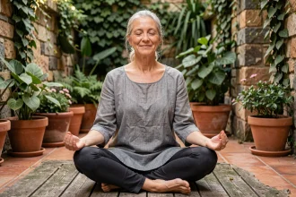 Femme âgée méditant en plein air sur une terrasse en bois entourée de plantes vertes, les yeux fermés et les mains posées sur les genoux