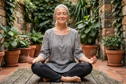 Femme âgée méditant en plein air sur une terrasse en bois entourée de plantes vertes, les yeux fermés et les mains posées sur les genoux