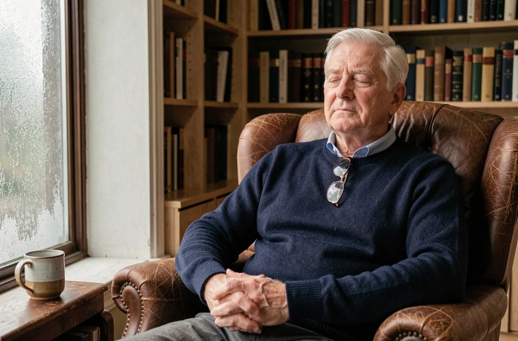 Homme âgé en méditation assis dans un fauteuil en cuir dans une bibliothèque chaleureuse, les yeux fermés et l'expression sereine