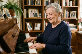 Une femme âgée souriante jouant du piano dans son salon, illustrant les bienfaits de la musicothérapie pour les seniors