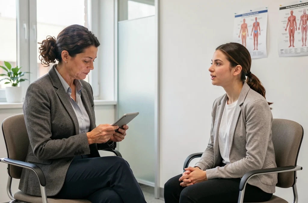 Orthophoniste et jeune patiente en consultation dans une salle moderne d'hôpital