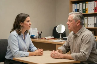 Orthophoniste en séance avec un patient adulte dans un cabinet médical calme et professionnel