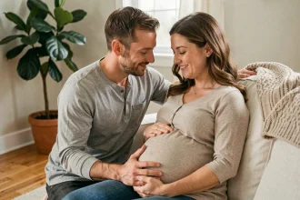 Un homme agenouillé pose tendrement les mains sur le ventre de sa partenaire enceinte assise sur un canapé en lin crème dans un salon chaleureux