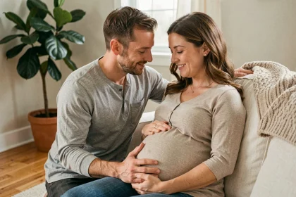 Un homme agenouillé pose tendrement les mains sur le ventre de sa partenaire enceinte assise sur un canapé en lin crème dans un salon chaleureux
