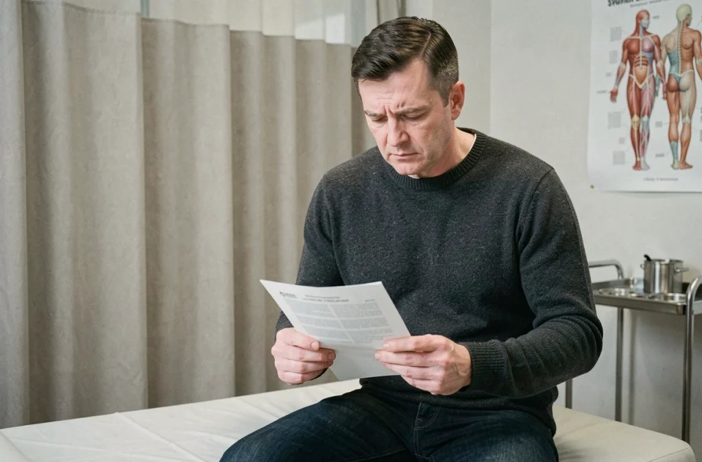 Patient consultant ses résultats d'analyse sanguine avec une valeur de TCMH anormale dans une salle d'examen médicale