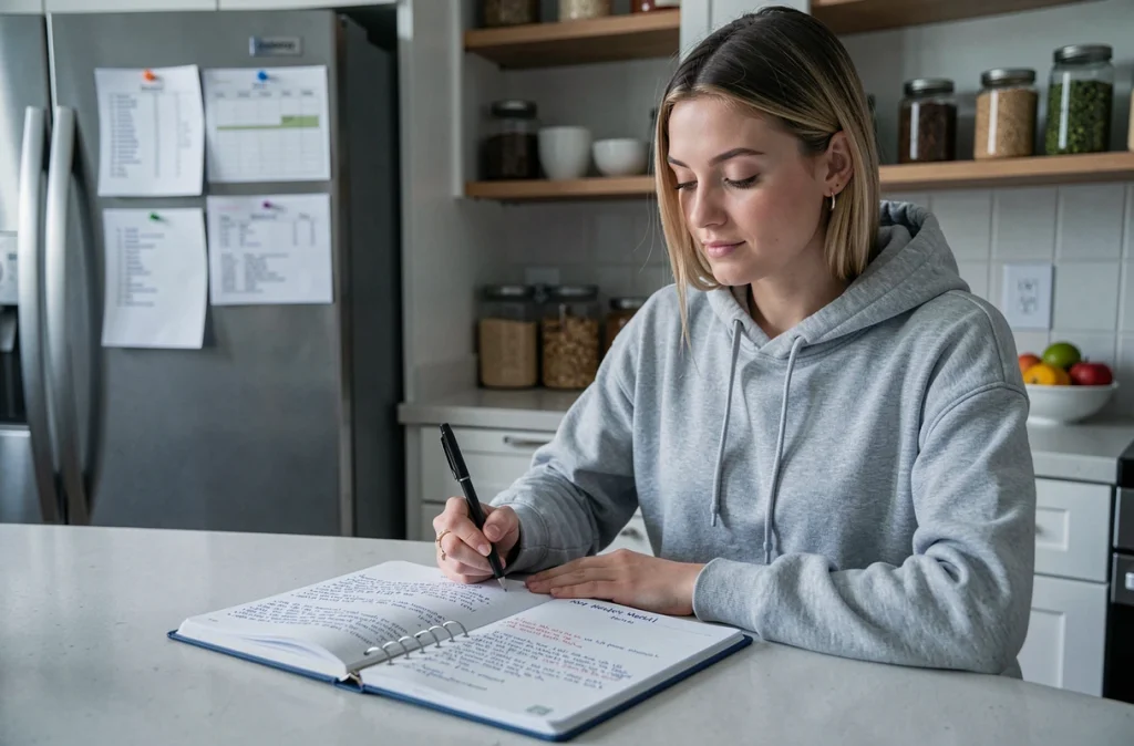 Jeune femme consultant un planificateur de repas hebdomadaire pour réorganiser son alimentation et éviter les grignotages