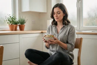 Femme pratiquant la pleine conscience avant de manger, tenant un bol de céréales avec les yeux fermés dans une cuisine moderne