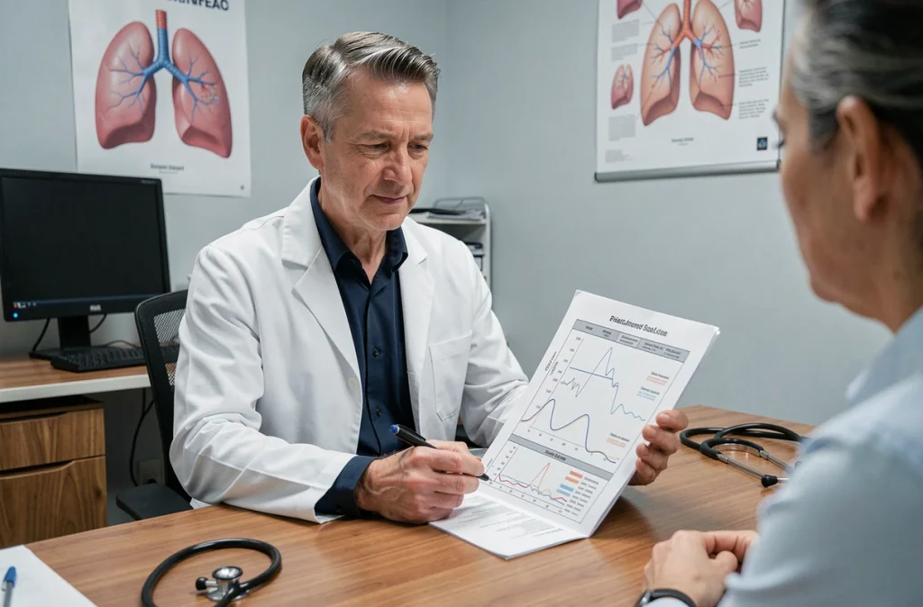 Pneumologue expliquant les résultats de spirométrie à un patient adulte asthmatique en cabinet médical