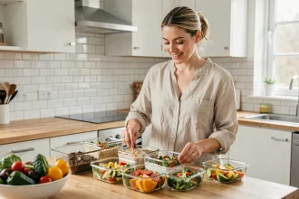 Femme préparant des repas équilibrés en avance dans une cuisine moderne pour éviter les grignotages