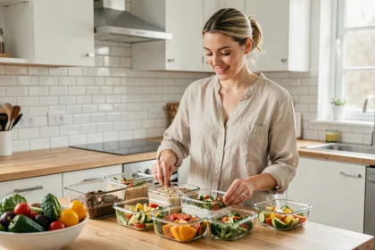 Femme préparant des repas équilibrés en avance dans une cuisine moderne pour éviter les grignotages