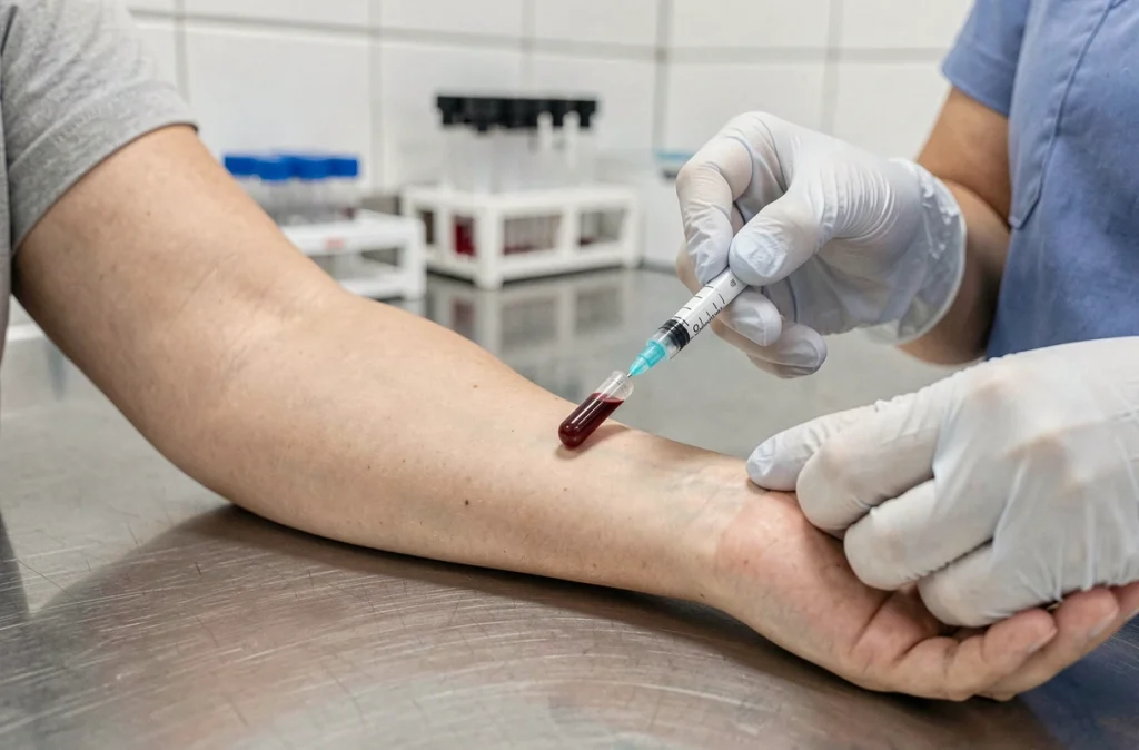 Prise de sang de dépistage prénatal au deuxième trimestre réalisée par une infirmière dans un laboratoire médical