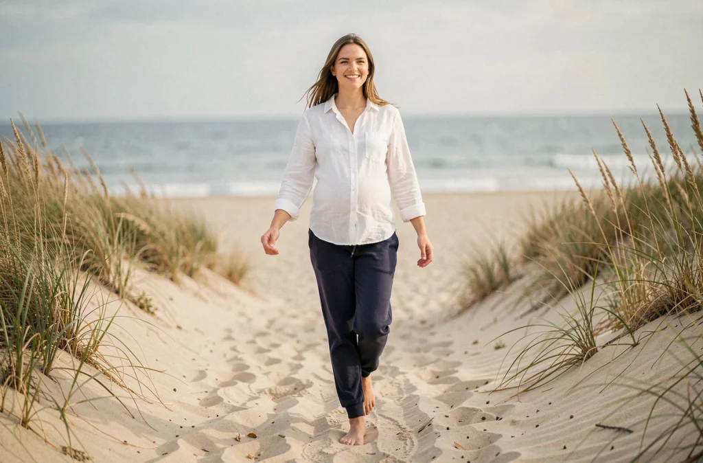Femme enceinte se promenant pieds nus sur une plage côtière en automne, profitant d'une marche apaisante bénéfique pour la grossesse