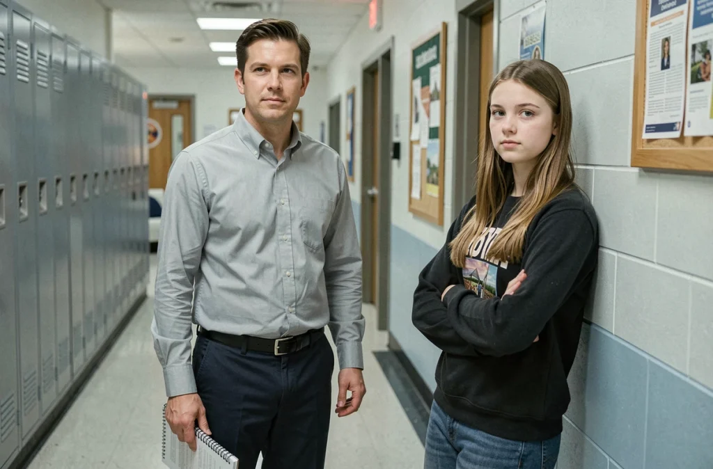 Psychologue scolaire accompagnant une adolescente dans un couloir d'école publique