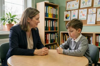 Psychologue scolaire en entretien avec un jeune élève en difficulté dans un bureau scolaire chaleureux