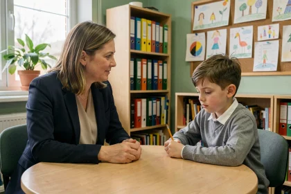 Psychologue scolaire en entretien avec un jeune élève en difficulté dans un bureau scolaire chaleureux
