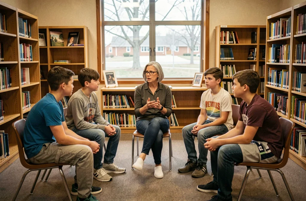 Psychologue scolaire animant une séance de groupe avec des élèves dans une bibliothèque scolaire