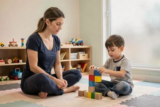 Psychomotricienne travaillant avec un jeune enfant sur des exercices de coordination motrice dans une salle de thérapie adaptée