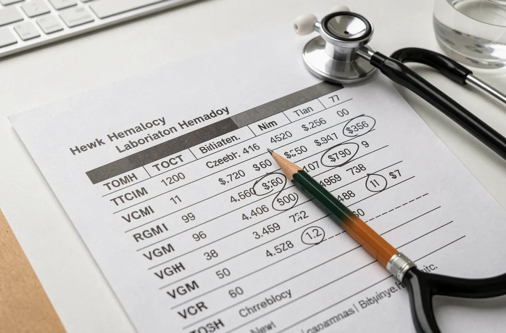 Feuille de résultats d'analyses hématologiques montrant les valeurs de TCMH et VGM sur un bureau médical