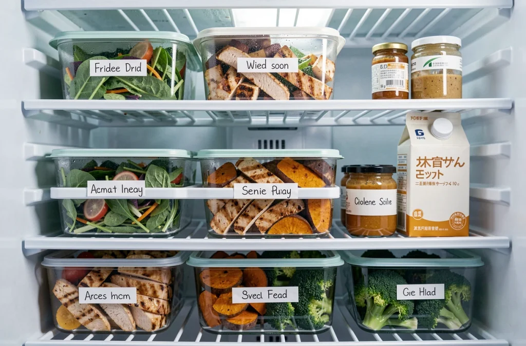 Réfrigérateur organisé avec des repas minceur préparés en batch cooking dans des contenants en verre étiquetés