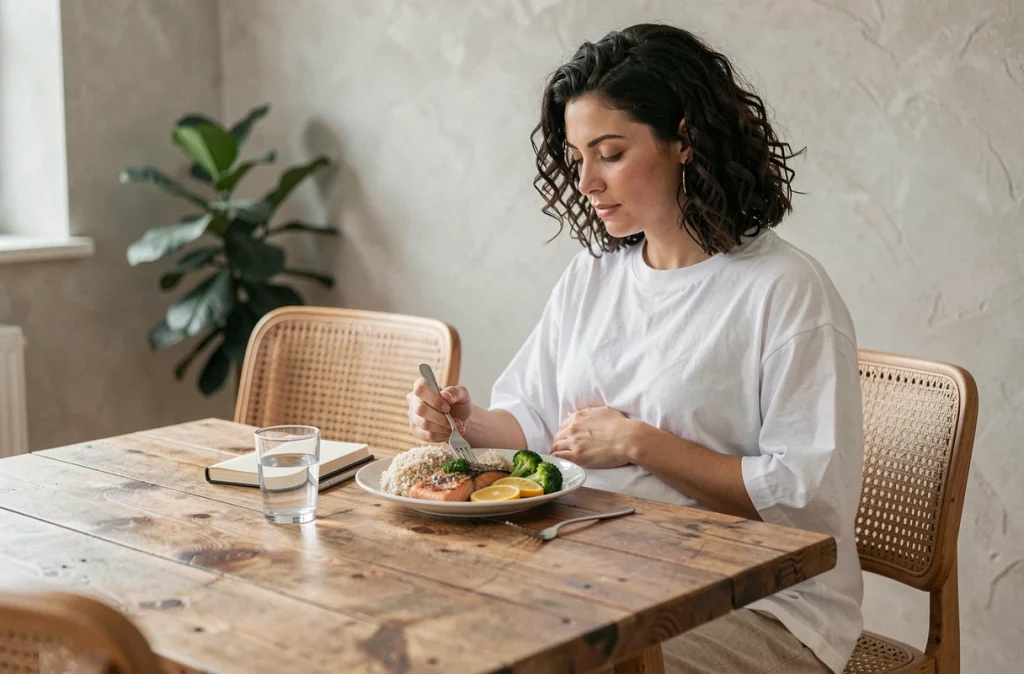 Femme enceinte savourant un repas équilibré riche en oméga-3 et vitamines pour favoriser le développement du fœtus