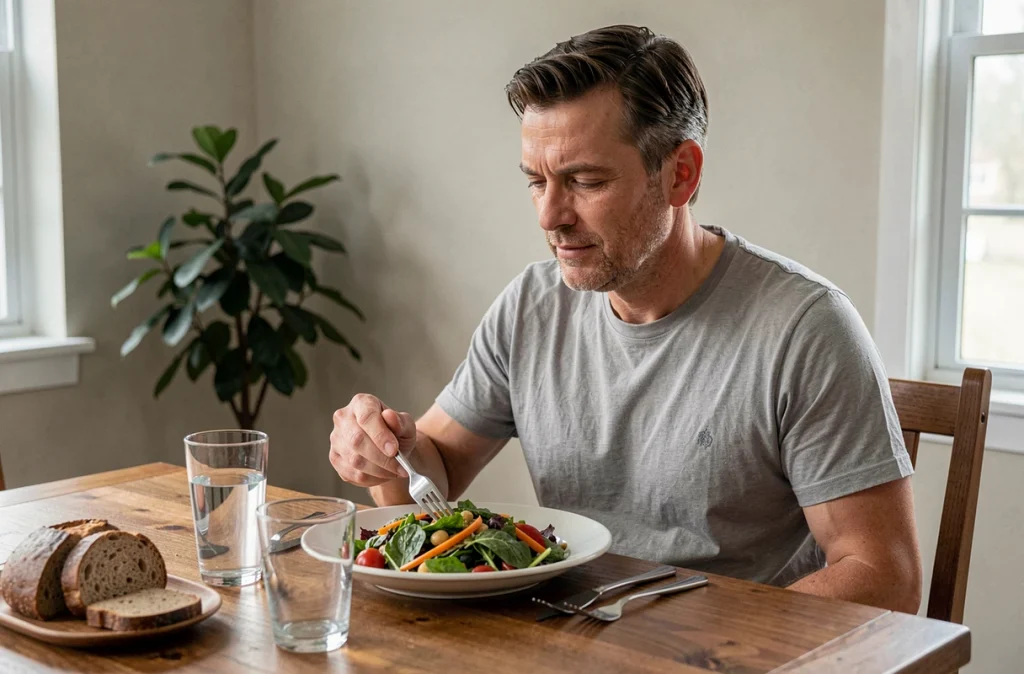 Homme mangeant un repas structuré et équilibré à table pour mieux organiser son alimentation quotidienne