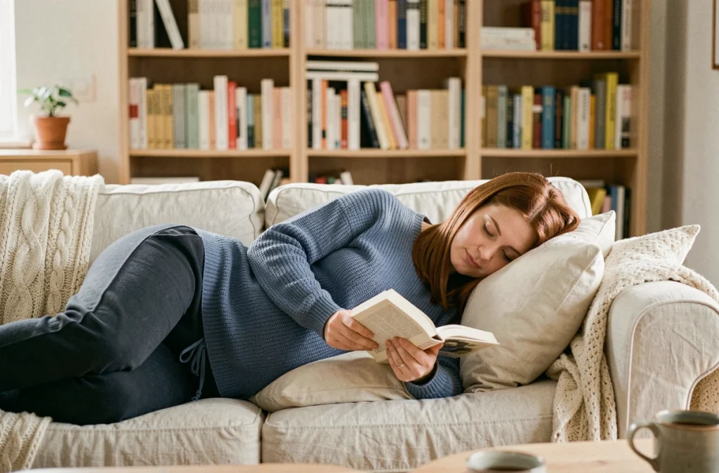 Femme enceinte allongée sur un canapé en lin lisant un livre avec un coussin de grossesse, ambiance cosy et apaisante