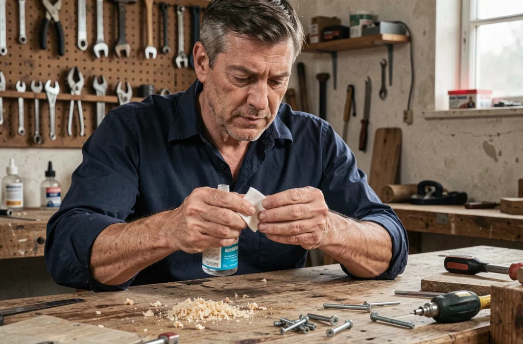 Homme retirant de la colle forte sur son pouce avec de l'acétone et un coton dans un atelier