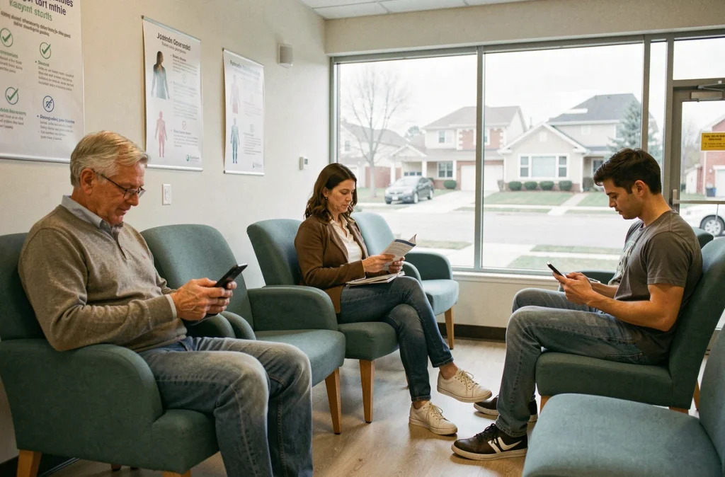 Salle d'attente moderne et accueillante d'un pôle médical avec des patients détendus à Marne-la-Vallée