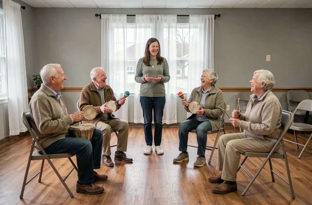 Groupe de seniors participant à une séance de musicothérapie en collectivité avec une thérapeute, jouant des instruments à percussion