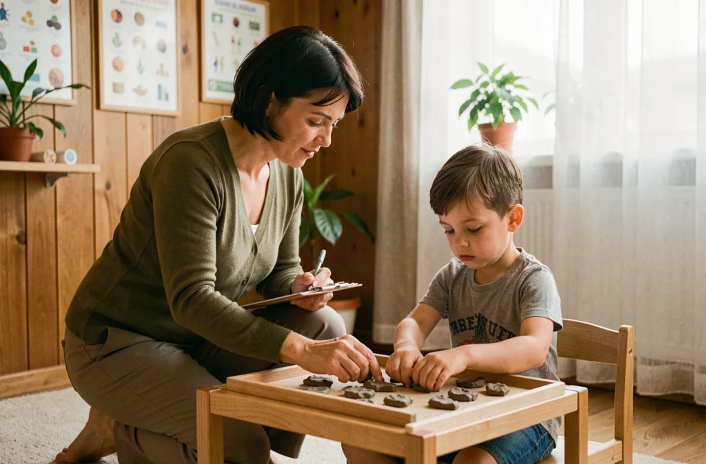 Séance de psychomotricité avec un enfant présentant des troubles du développement, axée sur le travail de la motricité fine avec de l'argile