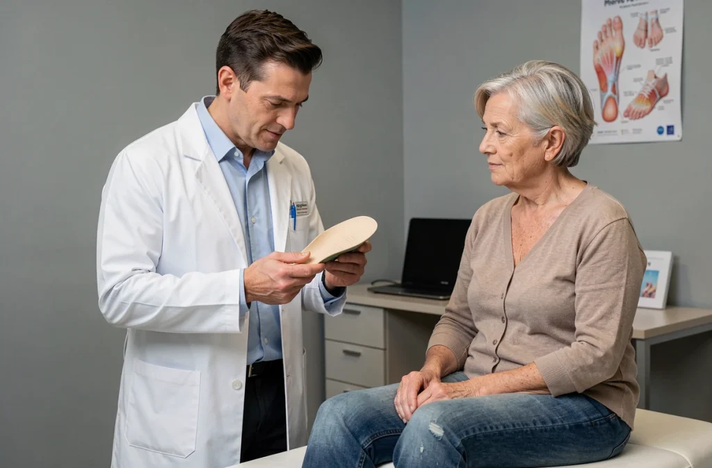 Podologue présentant une semelle orthopédique à une patiente souffrant d'épine calcanéenne en cabinet médical