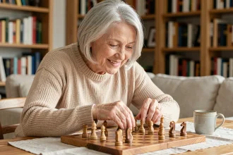 Femme senior aux cheveux argentés concentrée sur un jeu d'échecs en bois pour stimuler sa mémoire