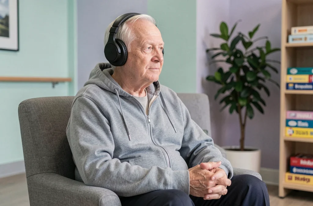 Un homme âgé écoutant de la musique avec un casque audio dans une résidence pour seniors, exprimant sérénité et bien-être grâce à la musicothérapie