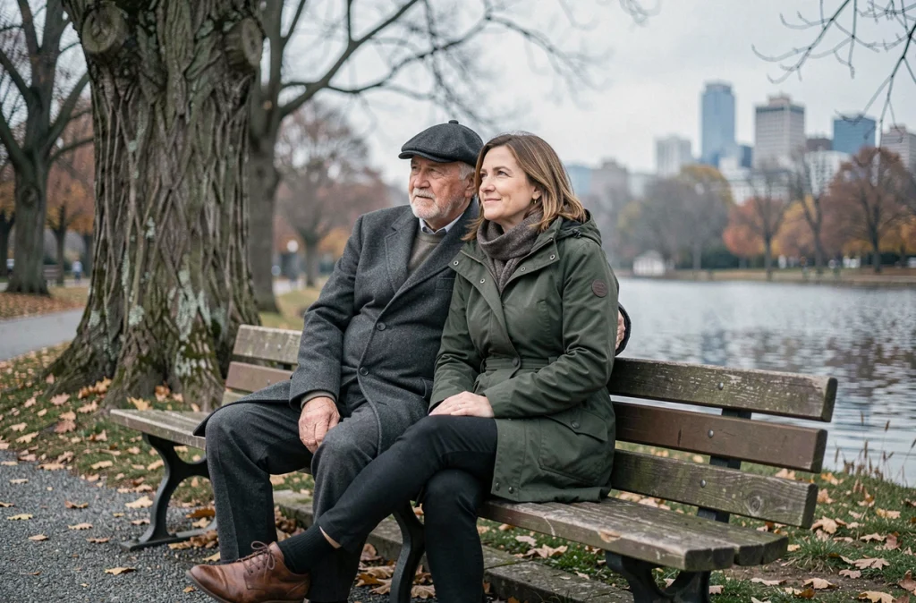 Un homme âgé et sa fille adulte assis ensemble sur un banc de parc en automne, illustrant le soutien familial et le lien intergénérationnel comme pilier de la santé mentale des seniors