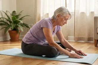Femme senior pratiquant le yoga doux à domicile sur un tapis de yoga bleu pâle dans un salon lumineux