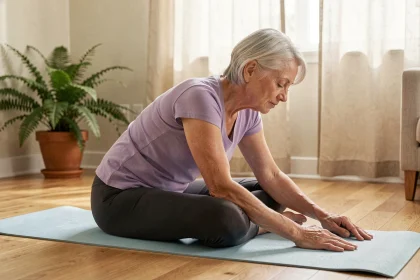 Femme senior pratiquant le yoga doux à domicile sur un tapis de yoga bleu pâle dans un salon lumineux