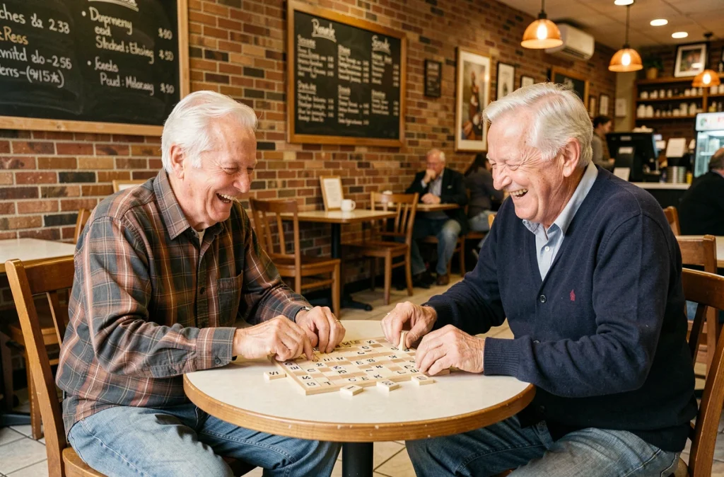 Deux hommes âgés jouant au Scrabble dans un café pour entretenir leurs capacités cognitives