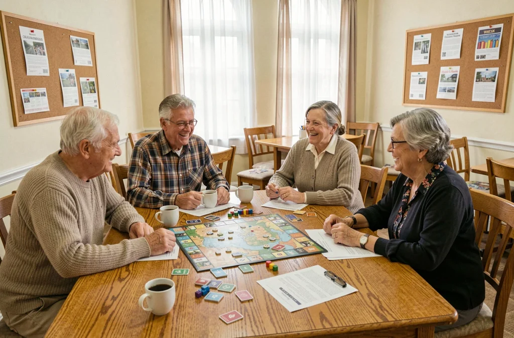 Un groupe de seniors joue à un jeu de société dans un centre communautaire, symbolisant l'importance du lien social et des activités collectives pour le bien-être des personnes âgées
