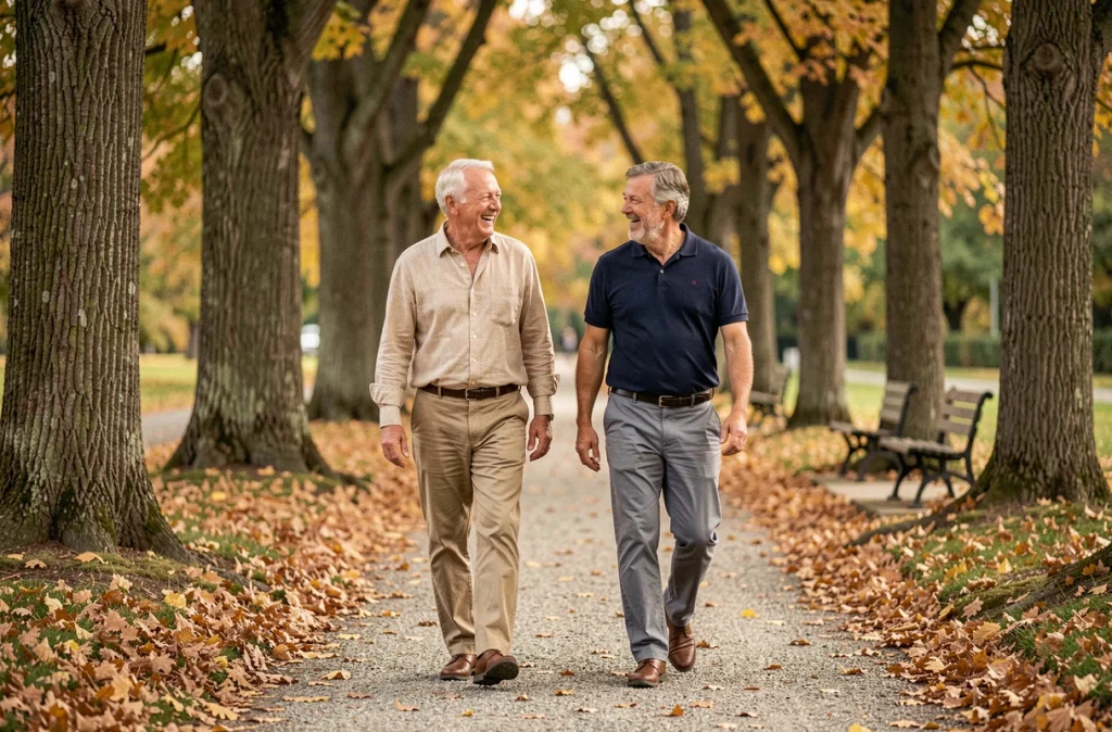 Deux hommes seniors marchant et conversant dans un parc en automne parmi les feuilles dorées